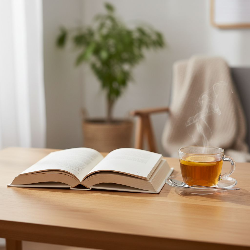 Снимка на разтворена книга и чаша чай на дървена маса