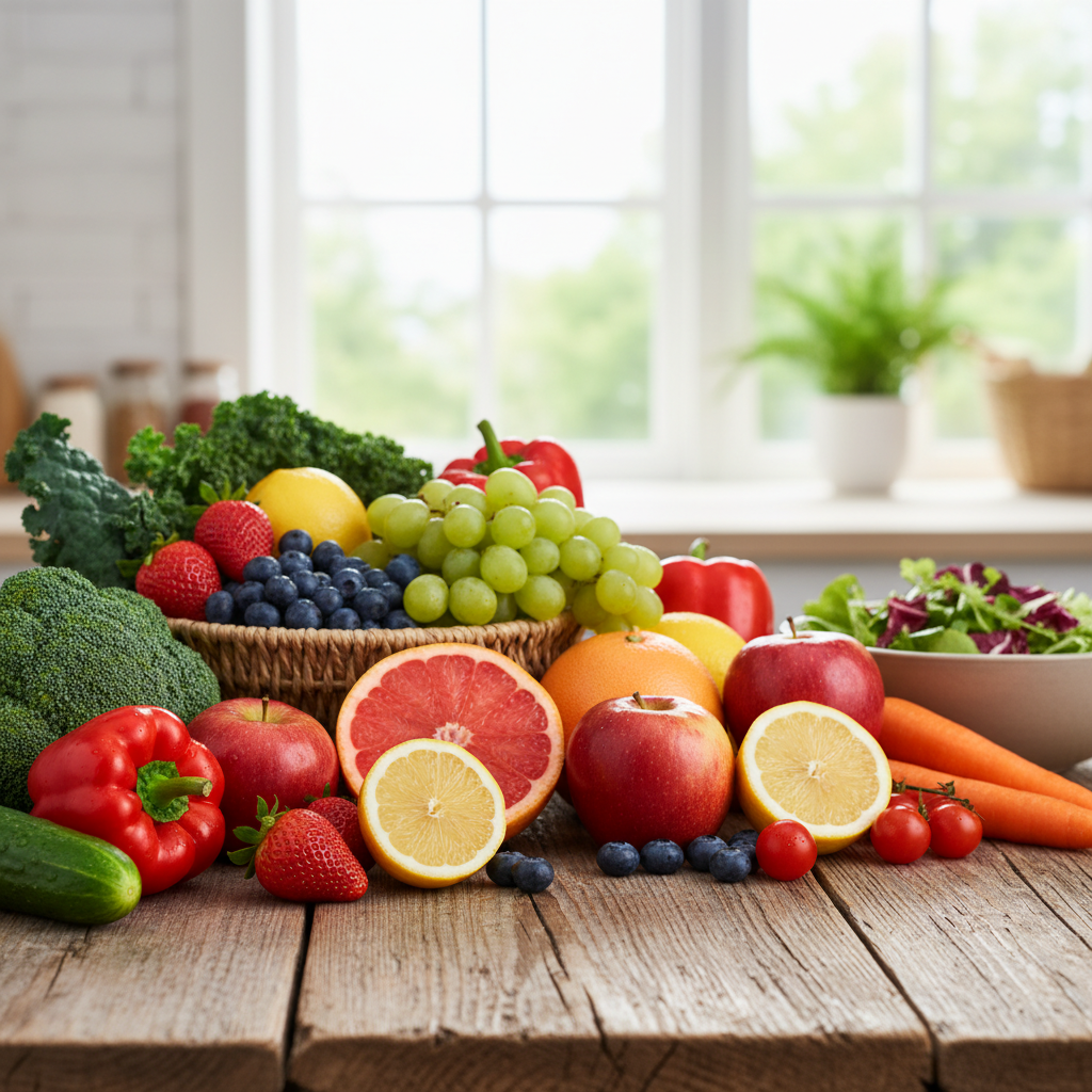 Композиция от свежи плодове и зеленчуци на дървена маса
