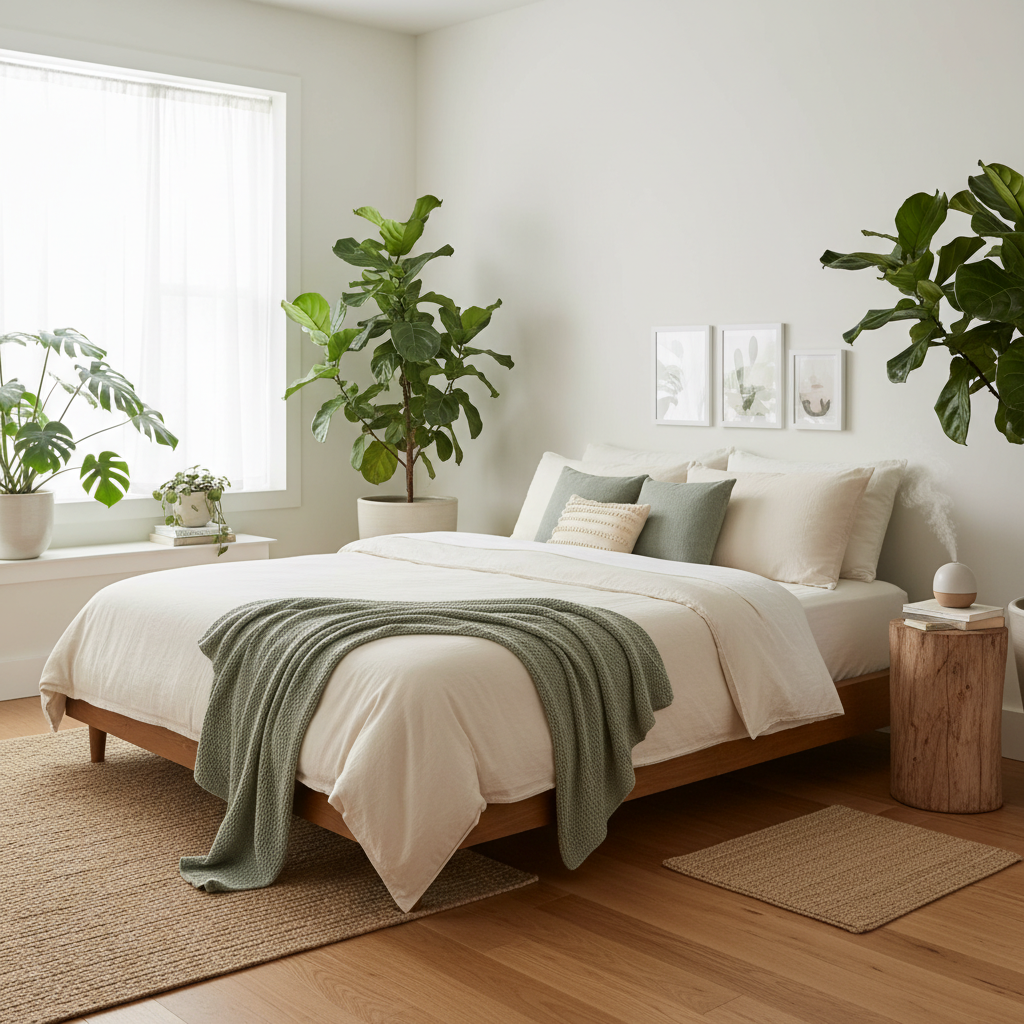 Уютна спалня с естествена светлина и растения
